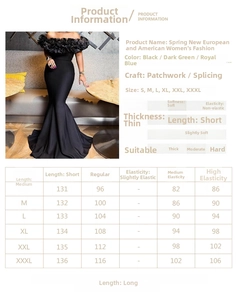 Detailed size chart for the off-shoulder ruffle evening dress with measurements in cm