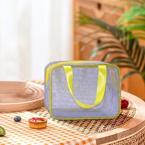 Borsa da spiaggia in rete viola per giocattoli bambini con manici gialli e zip