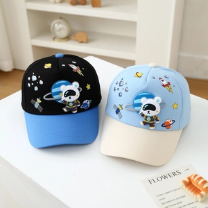 Space-themed kids baseball caps with 3D astronaut bear and rocket prints in two colors