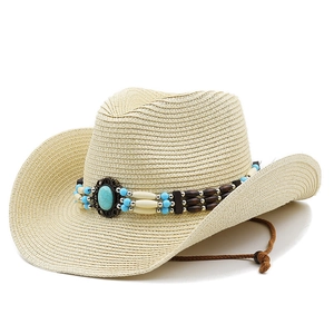 Western-Strohhut mit Türkisperlen und UV-Schutz Krempe für den Strandurlaub