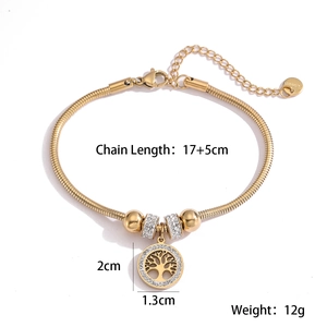 Detailed view of Tree of Life bracelet showing dimensions 17 plus 5cm and 18K gold plating
