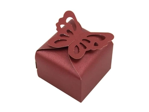 Detail of burgundy paper gift box featuring a laser-cut butterfly design on top