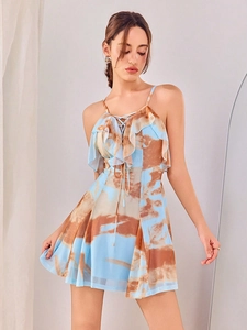Vestito Mini Tie Dye Poliestere Spandex Mesh Volant Schiena Scoperta Allacciatura Anteriore Stile Vacanza Spiaggia Donne