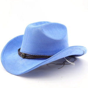 Detail of light blue faux suede cowboy hat with braided brown band and metal buckle