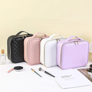 Quilted large capacity makeup bags with built-in LED mirror in multiple colors