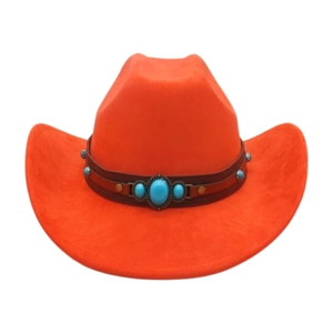 Ethnic style orange western cowboy hat with turquoise beads and brown leather band