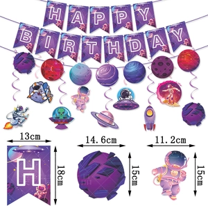 Space astronaut birthday party decoration set with galaxy banner and hanging spirals