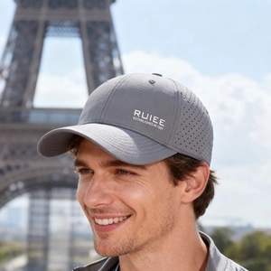 Light gray breathable quick-dry baseball cap with laser-cut holes and RUIEE logo