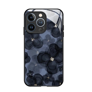 Ink flower glass phone case for iPhone 16 Pro Max with dark blue floral design