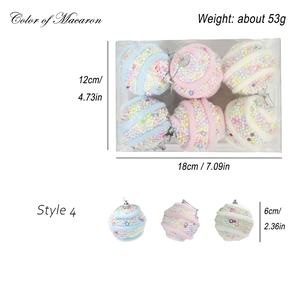 Set of 6 pink macaron style foam Christmas ornaments in 6cm diameter for holiday tree decoration