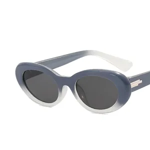 Retro oval sunglasses with gradient blue-grey frames and silver metal temple accents
