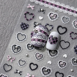 Stickers ongles 3D à carreaux violets avec motifs cœur, nœud et dentelle pour manucure