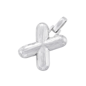 Macro view of X-shaped metal pendant with brushed texture and polished bail