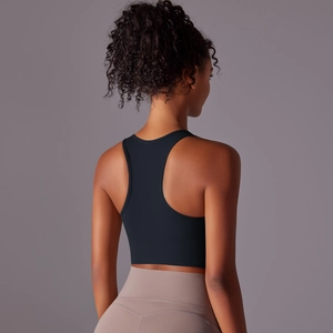 Detailed back view of a black racerback sports bra with supportive compression fit