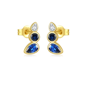 Minimalist S925 sterling silver drop earrings with blue gemstones and gold plating
