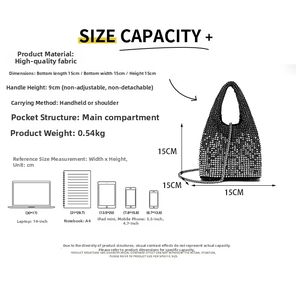 Size guide for silver rhinestone bucket bag showing 15cm dimensions and capacity chart
