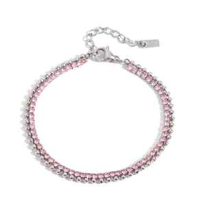 Close-up of double-layered silver chain with pink rhinestones and adjustable lobster clasp