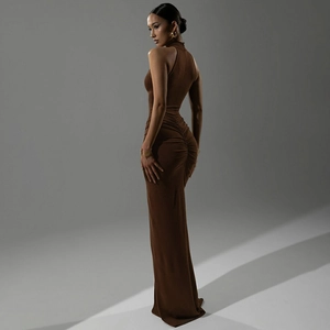 Detail of chocolate brown back zipper and ruched pleats on sleeveless maxi dress