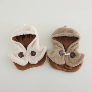 Mantella con cappuccio dinosauro in peluche per bambini con fibbie in corno, beige