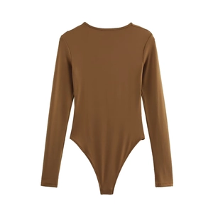 Flat lay of brown long-sleeve bodysuit in caramel earth tone with premium stretch fabric