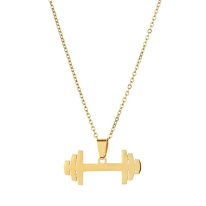 Polished gold dumbbell pendant necklace in stainless steel with a fine link chain