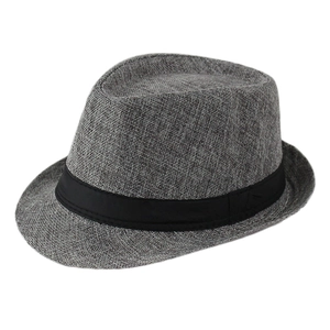 Classic gray linen jazz fedora hat with black decorative ribbon for men and women
