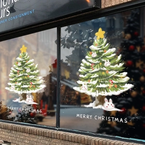 Green Christmas tree static window stickers with white Merry Christmas lettering for glass