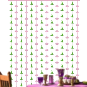 Pink crown and green witch hat tinsel curtains for magical themed party background