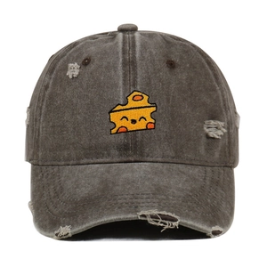 Distressed charcoal grey baseball cap with yellow cheese embroidery and vintage wash details