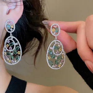Elegant retro hollow oval drop earrings with multicolor cubic zirconia in silver setting