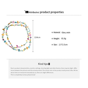 Spécifications détaillées du collier en perles de verre coloré montrant longueur et matériel