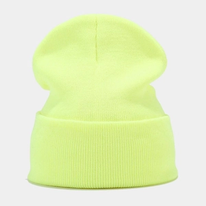 Detail view of the fluorescent yellow ribbed knit beanie with high-quality soft texture