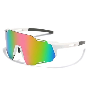 White frame sports cycling sunglasses with large rainbow gradient lenses for outdoor use
