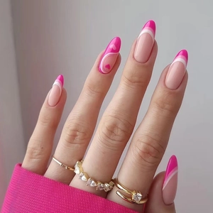 Unghie Finte French Forma Mandorla Motivo Cuore Rosa Romantico Unghie A Pressione Manicure Professionale Regalo