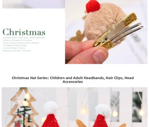 Detail of Christmas hair clip with red knit Santa hat and brown felt reindeer antlers