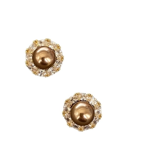 Elegant silver needle stud earrings featuring coffee brown pearls and zircon stones