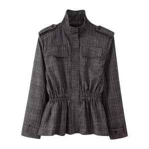 Women's plaid tweed jacket and pants set with drawstring waist and ruffle hem design