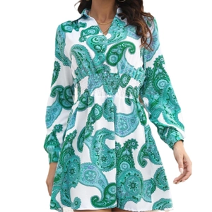 Abito a camicia vintage con stampa paisley verde, vita elastica e maniche lunghe da donna