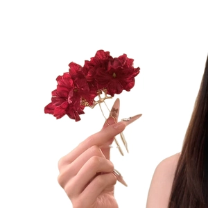 Elegant fabric flower hair pin with red satin blossoms and golden metal needles for women