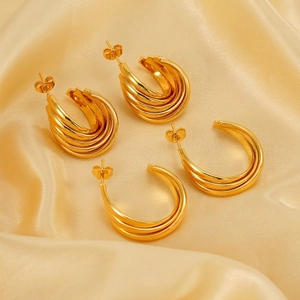 Stainless Steel Multi Layer Hoop Earrings 18K Gold Plated Polished C Shape Geometric Minimalist Fashion Jewelry For Women
