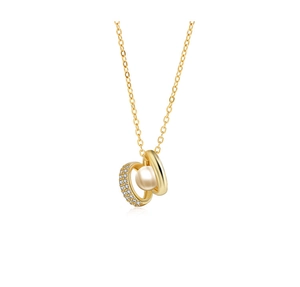Detailed close-up of 925 sterling silver necklace with intertwined rings, pearl, and zircon