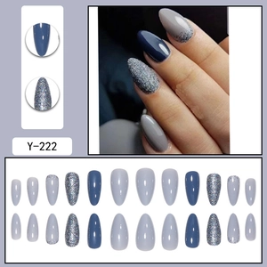 Blue and grey almond press-on nails with silver glitter gradient design, 24 piece set