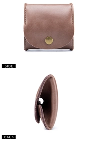 Detailed side and back view of a mini brown leather coin purse with bronze snap button
