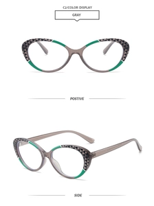 Detail view of transparent gray cat-eye glasses frame with green accents and triangular patterns