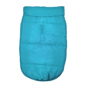 Detail of teal quilted dog winter vest showing leash hole and elastic hem on white background
