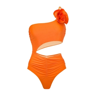 Orange one-shoulder swimsuit with 3D floral accent and waist cutout detail