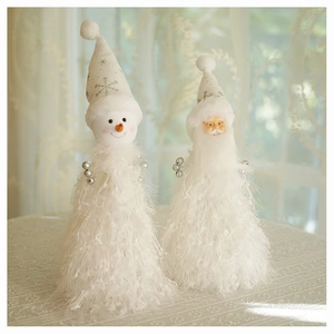 Detail of plush Christmas tree tabletop decor with Santa and Snowman embroidery
