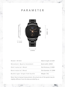 Detailed technical specifications for the black quartz watch with stainless steel strap