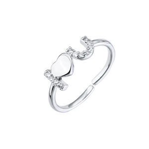 Silver open ring featuring a polished heart and a U-shape element set with cubic zirconia