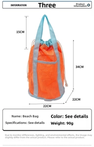 Detail view of beach mesh bag with blue handles and orange mesh showing 34cm height